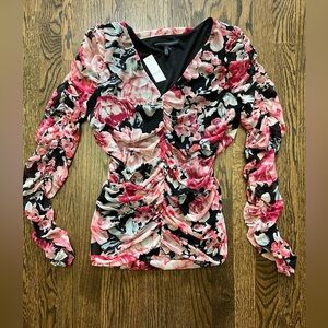 WHBM Sheer Floral Ruched V-Neck Top in Large NWT